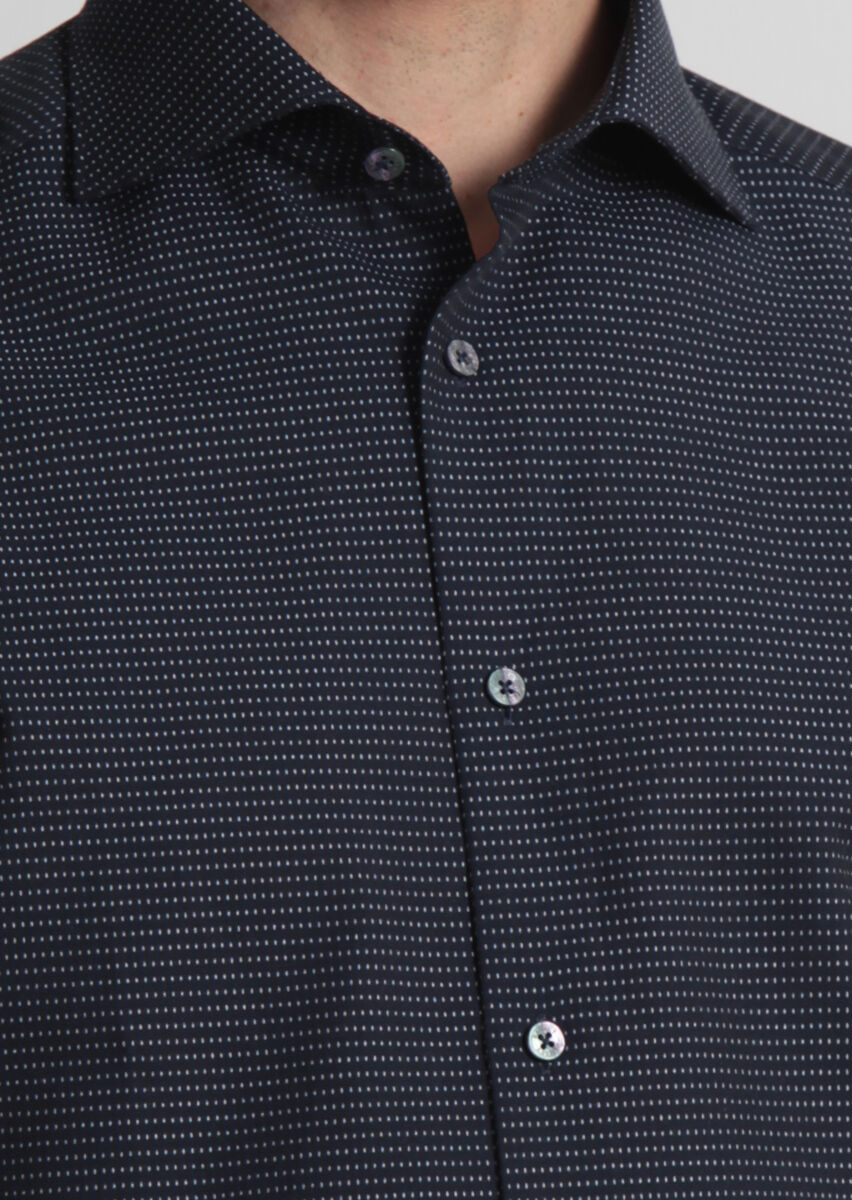 Navy Blue Patterned Regular Fit Long Weaving Classical 100% Cotton Shirt - 4