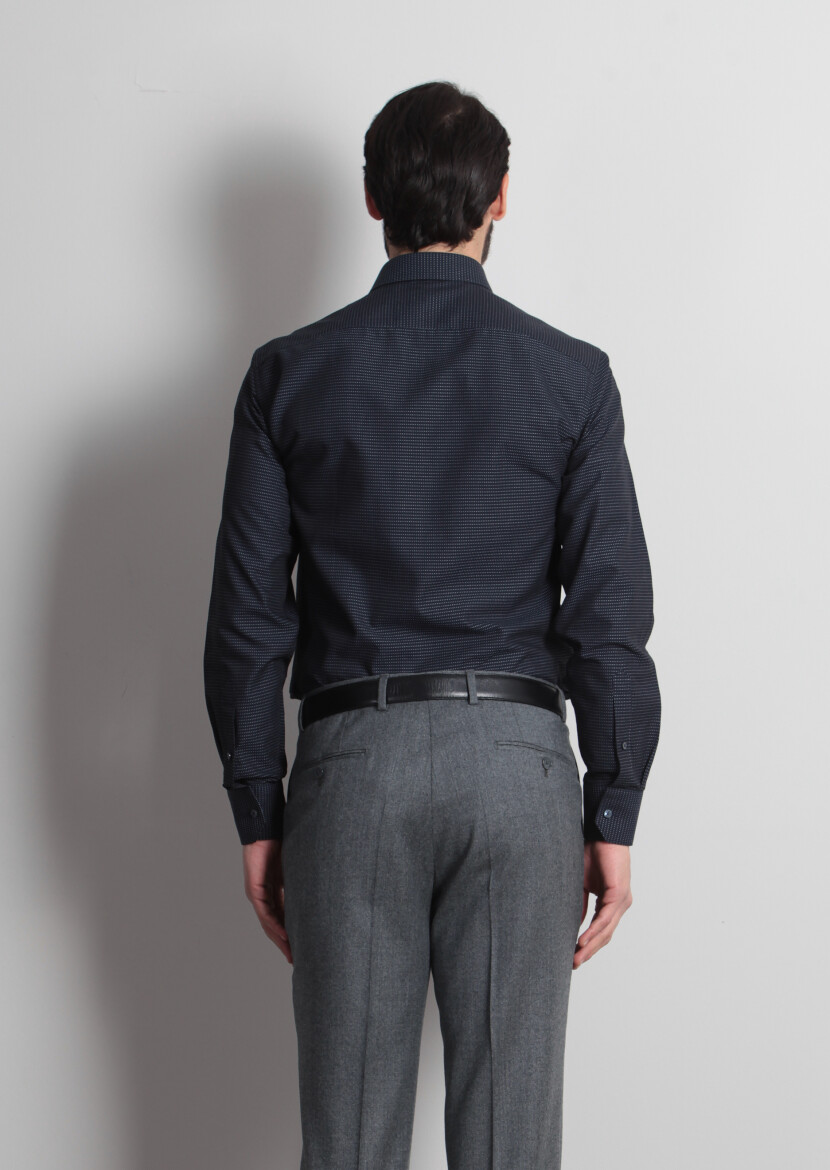 Navy Blue Patterned Regular Fit Long Weaving Classical 100% Cotton Shirt - 5