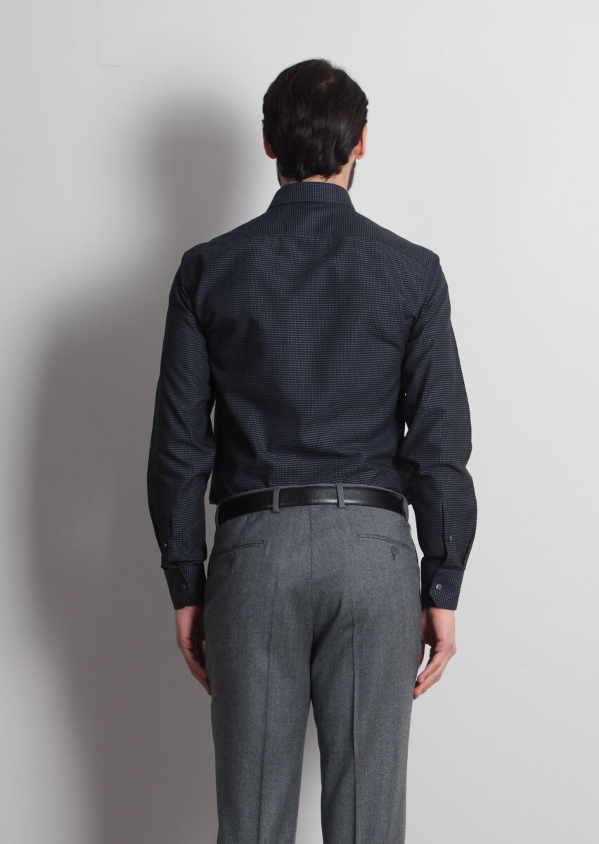 Navy Blue Patterned Regular Fit Long Weaving Classical 100% Cotton Shirt - 5