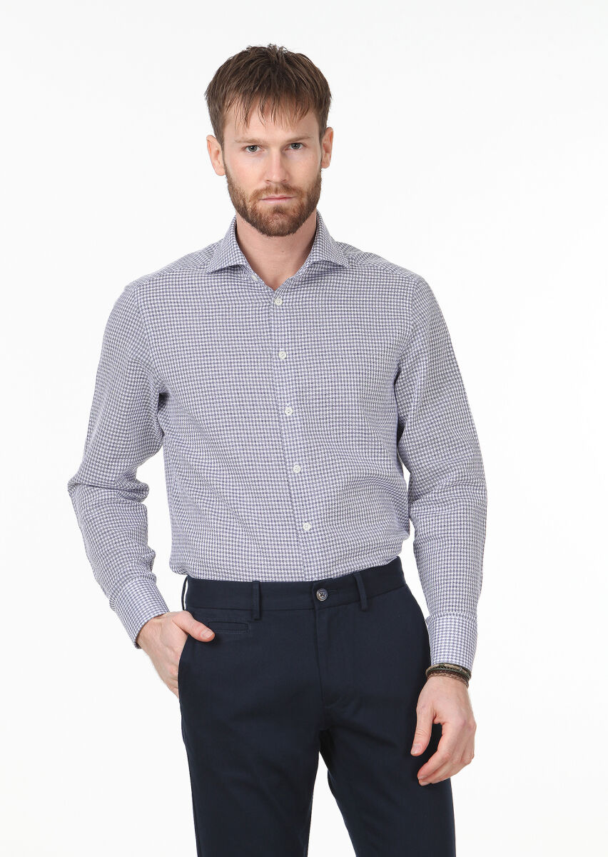 Navy Blue Patterned Regular Fit Long Weaving Classical 100% Cotton Shirt - 1