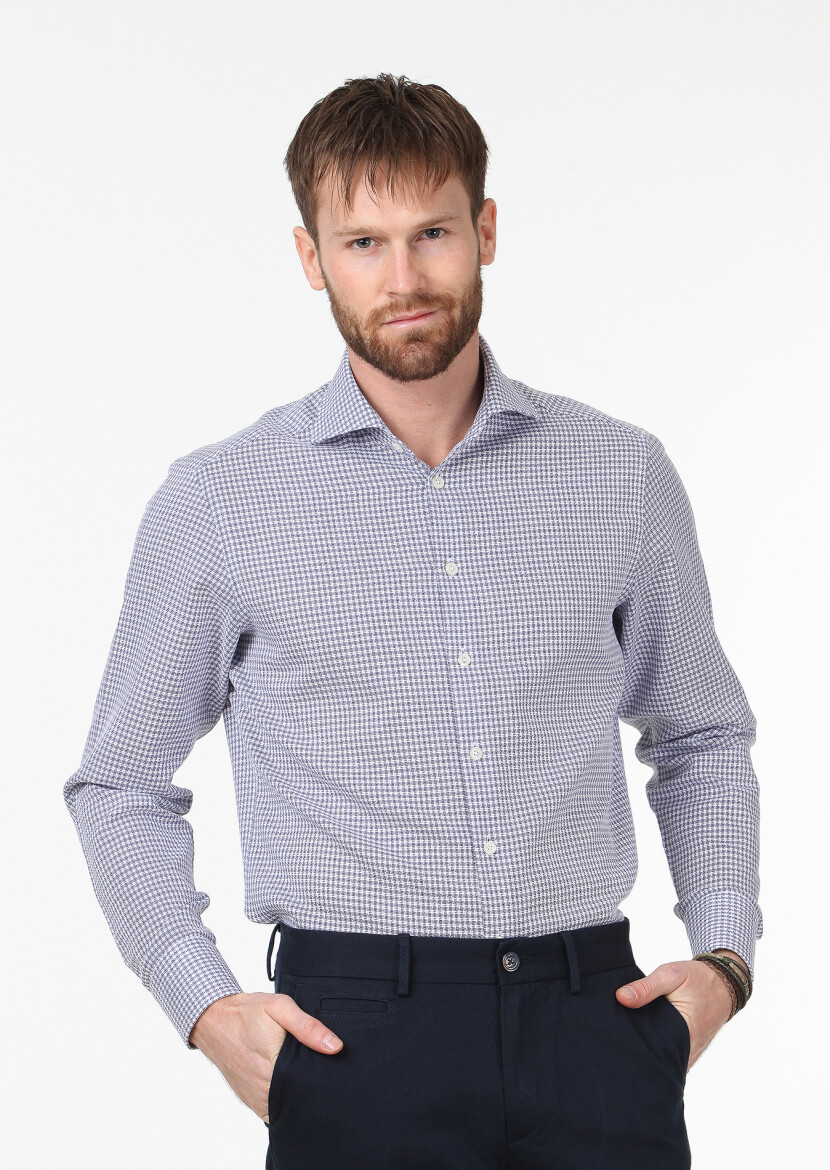 Navy Blue Patterned Regular Fit Long Weaving Classical 100% Cotton Shirt - 2