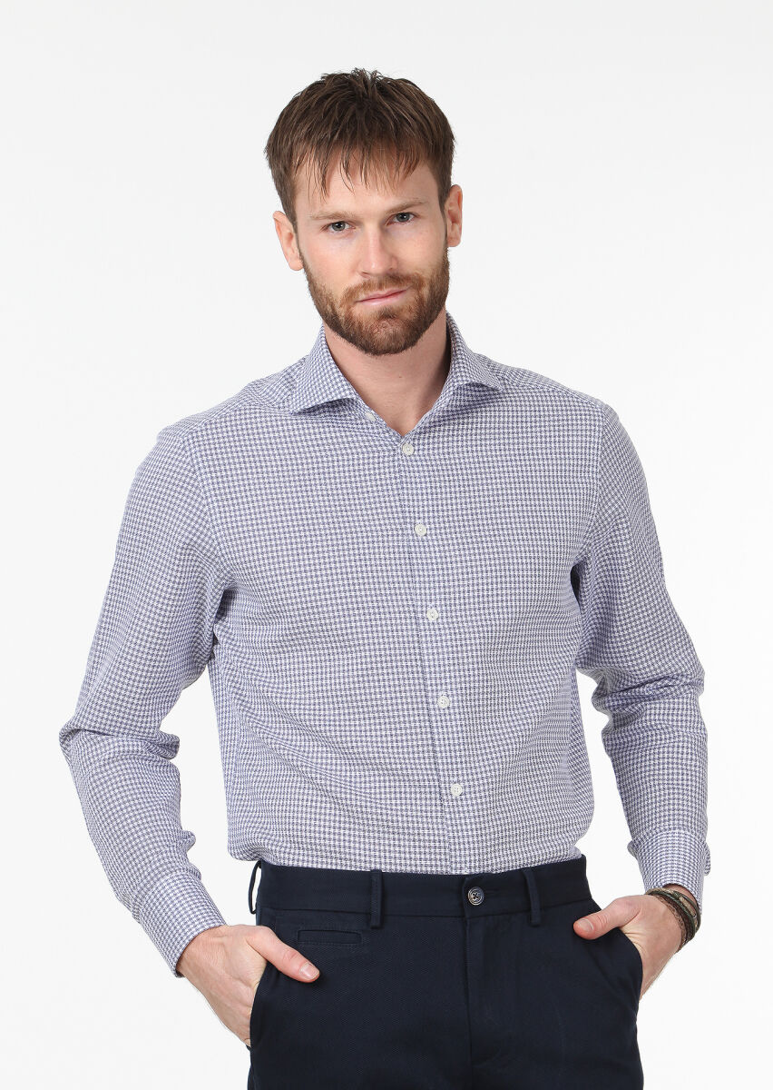 Navy Blue Patterned Regular Fit Long Weaving Classical 100% Cotton Shirt - 2