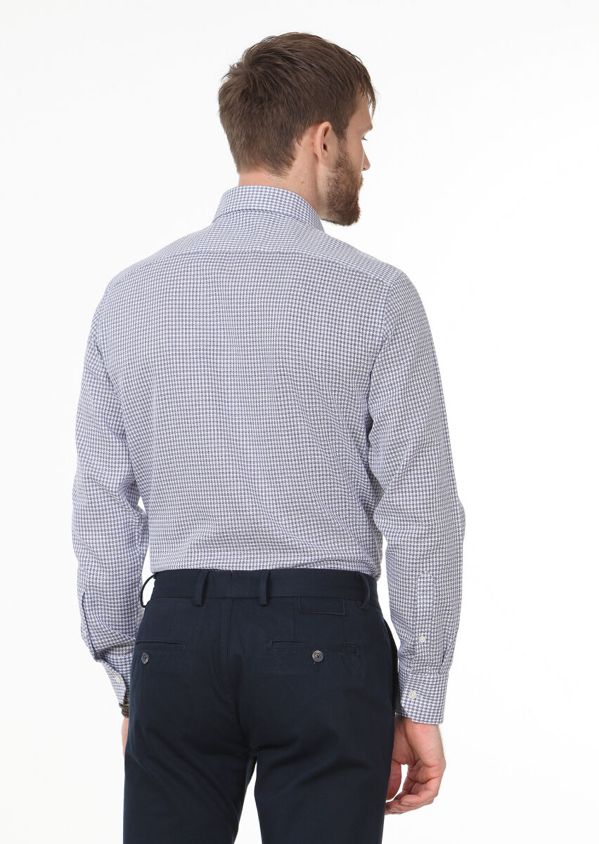 Navy Blue Patterned Regular Fit Long Weaving Classical 100% Cotton Shirt - 3