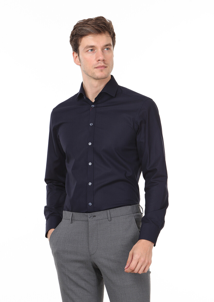 Navy Blue Patterned Regular Fit Long Weaving Classical 100% Cotton Shirt - 3