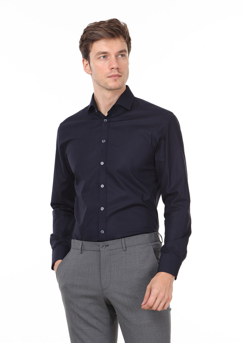 Navy Blue Patterned Regular Fit Long Weaving Classical 100% Cotton Shirt - 3
