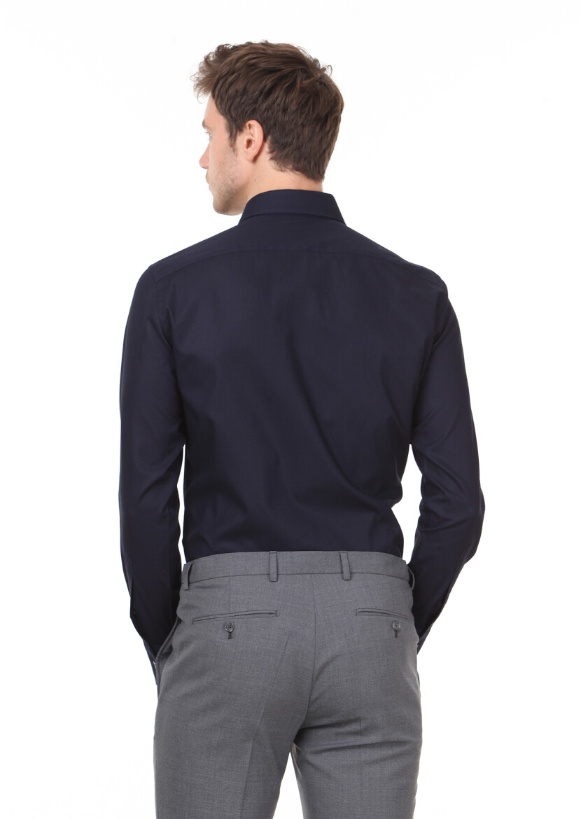 Navy Blue Patterned Regular Fit Long Weaving Classical 100% Cotton Shirt - 4