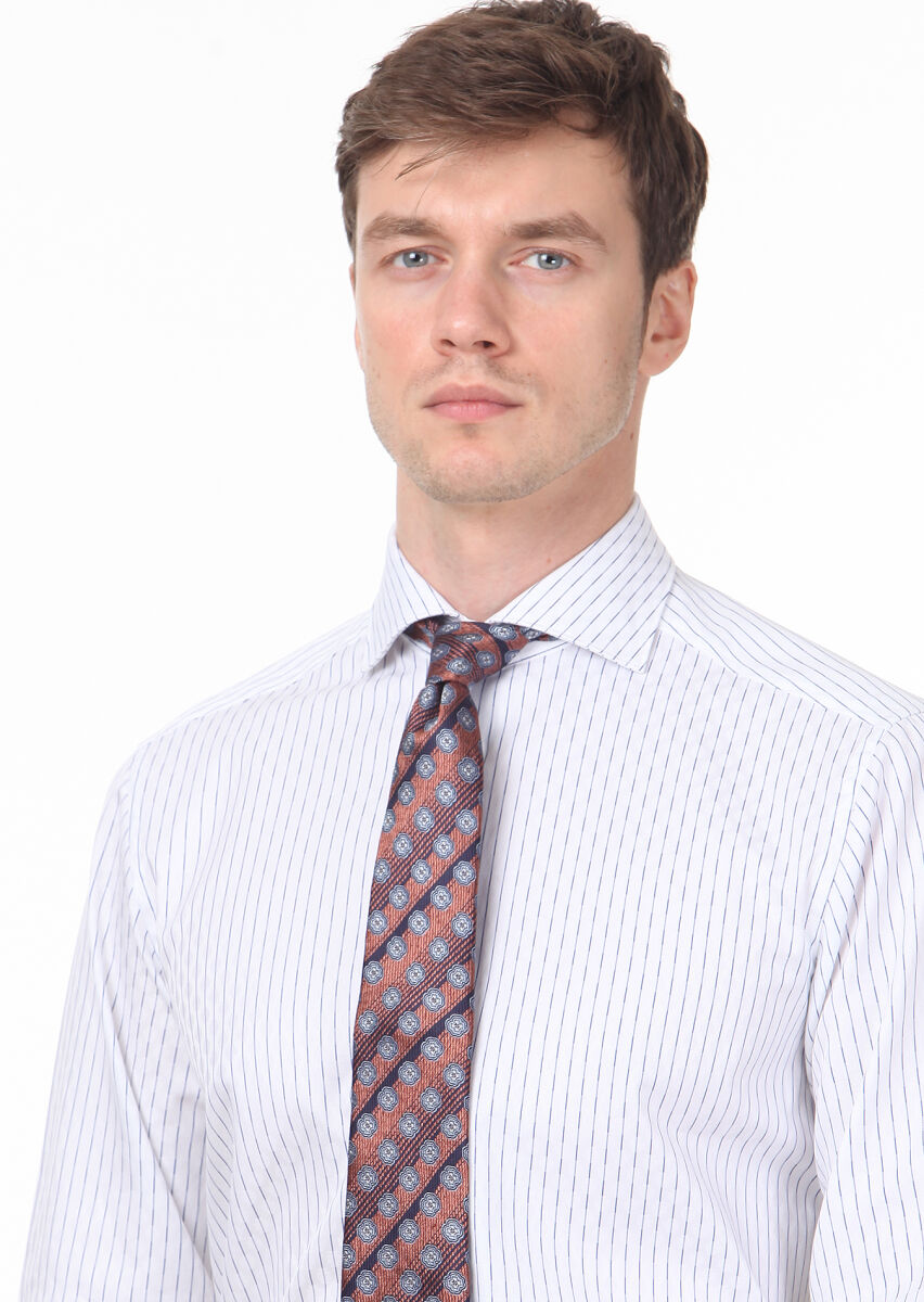 Navy Blue Patterned Regular Fit Long Weaving Classical 100% Cotton Shirt - 2