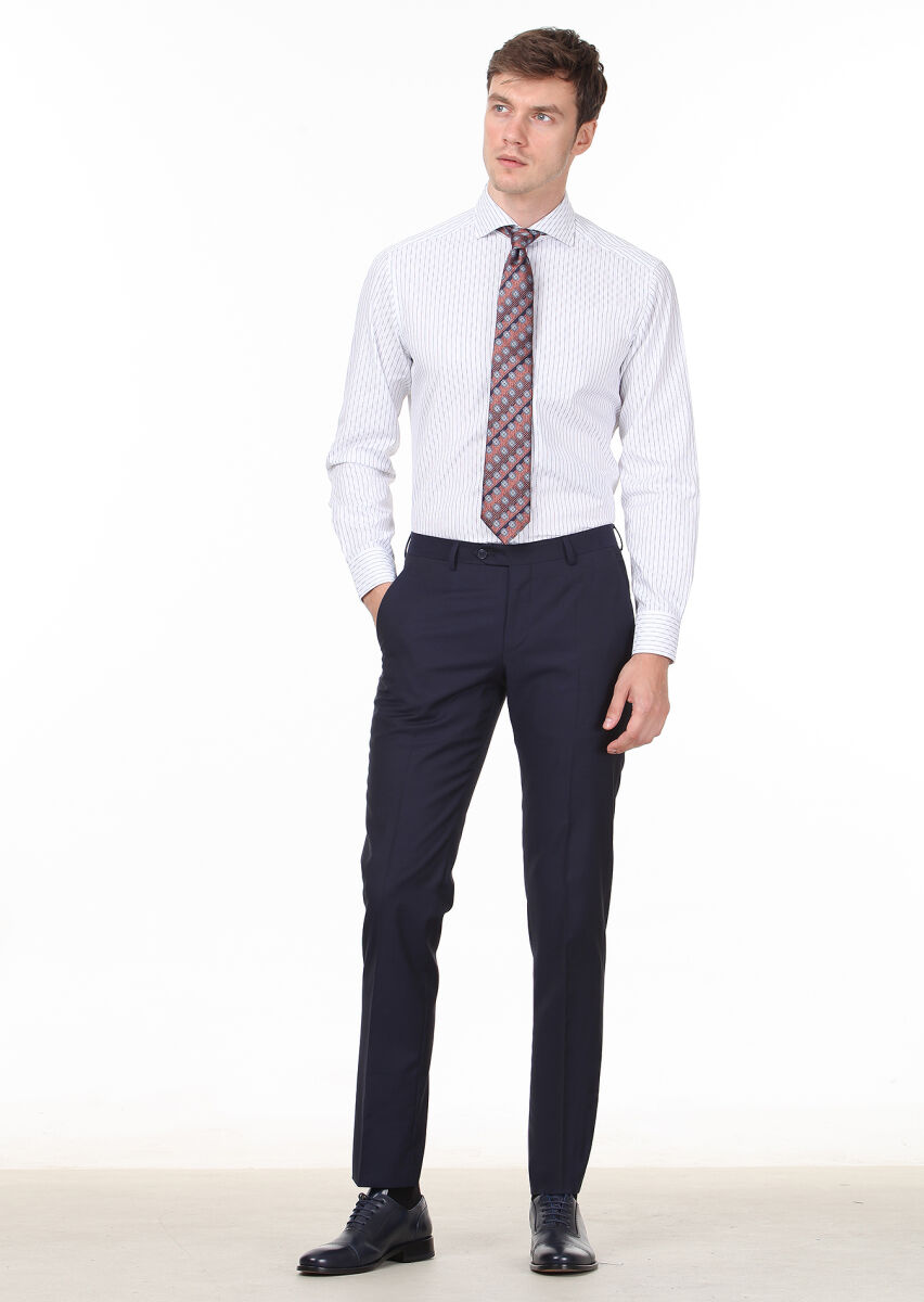 Navy Blue Patterned Regular Fit Long Weaving Classical 100% Cotton Shirt - 3