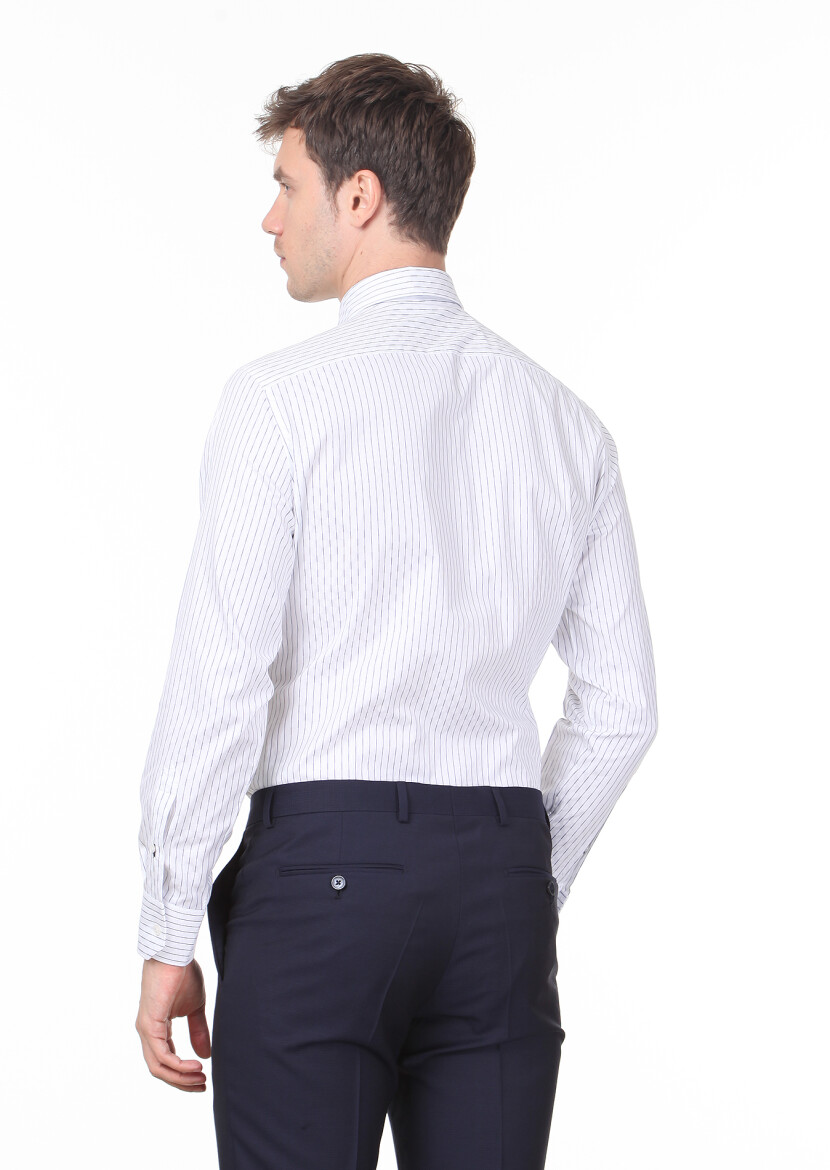 Navy Blue Patterned Regular Fit Long Weaving Classical 100% Cotton Shirt - 4