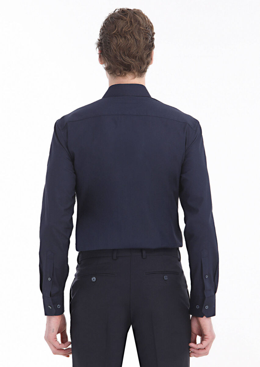 Navy Blue Patterned Regular Fit Long Weaving Classical 100% Cotton Shirt - 4