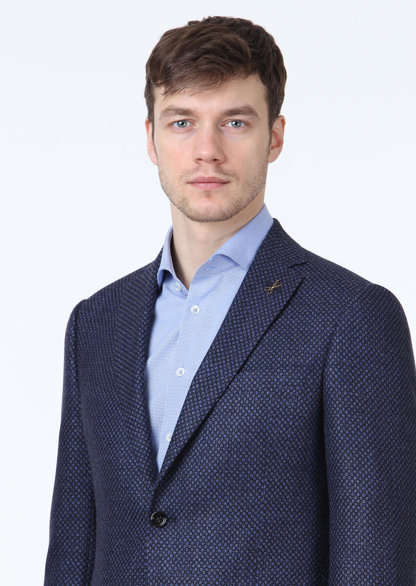 Navy Blue Patterned Regular Fit Silk Blended Jacket - 2