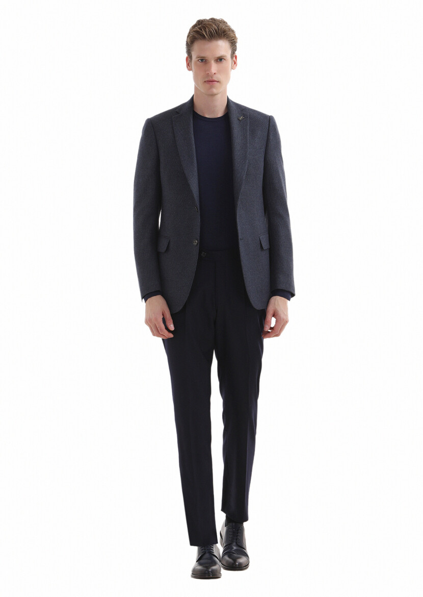 Navy Blue Patterned Regular Fit Silk Blended Jacket - 1