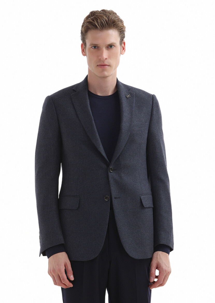 Navy Blue Patterned Regular Fit Silk Blended Jacket - 2