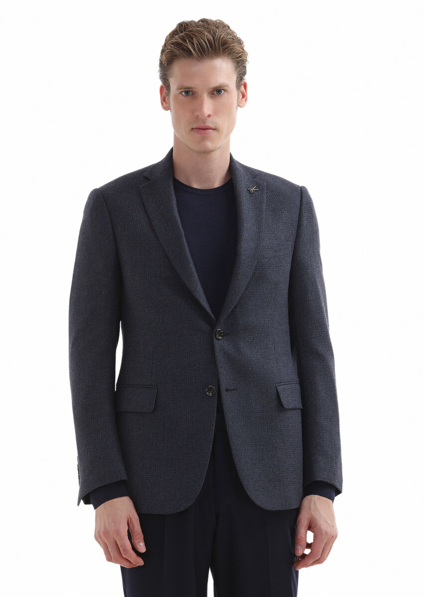 Navy Blue Patterned Regular Fit Silk Blended Jacket - 2
