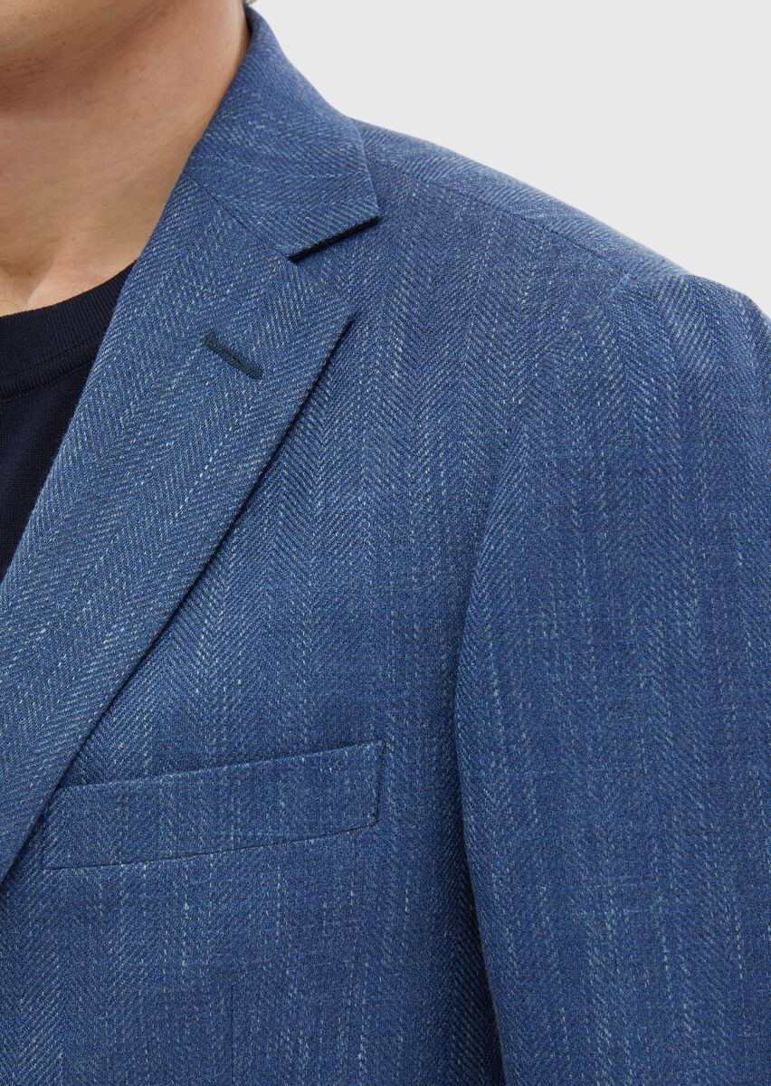 Navy Blue Patterned Regular Fit Silk Blended Jacket - 5