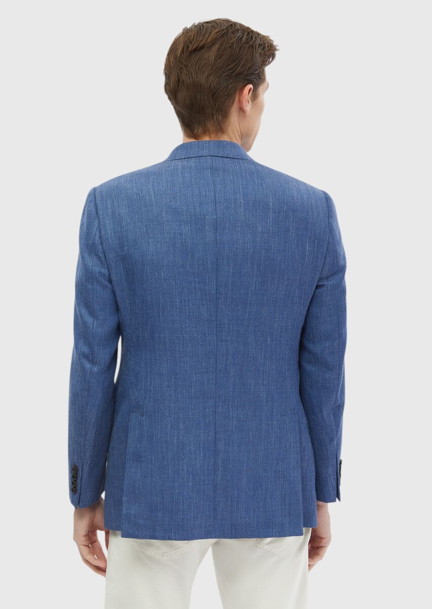 Navy Blue Patterned Regular Fit Silk Blended Jacket - 7