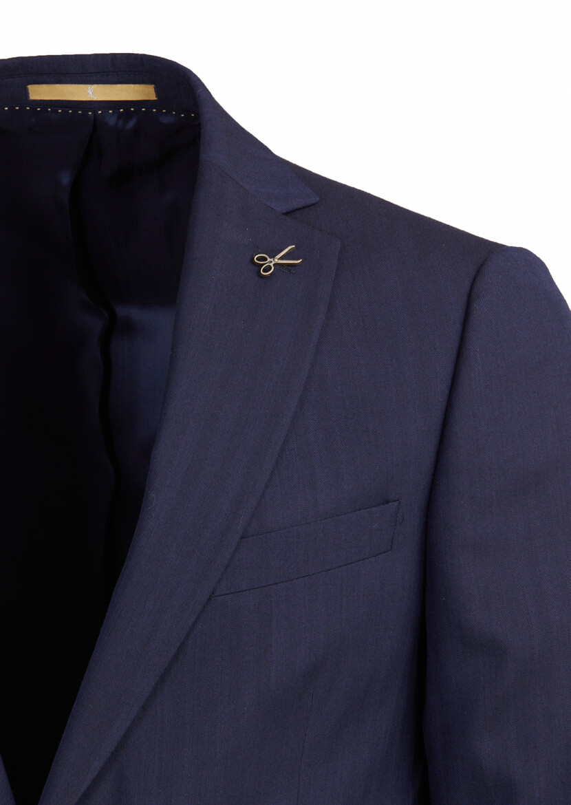 Navy Blue Patterned Regular Fit Silk Blended Suit 