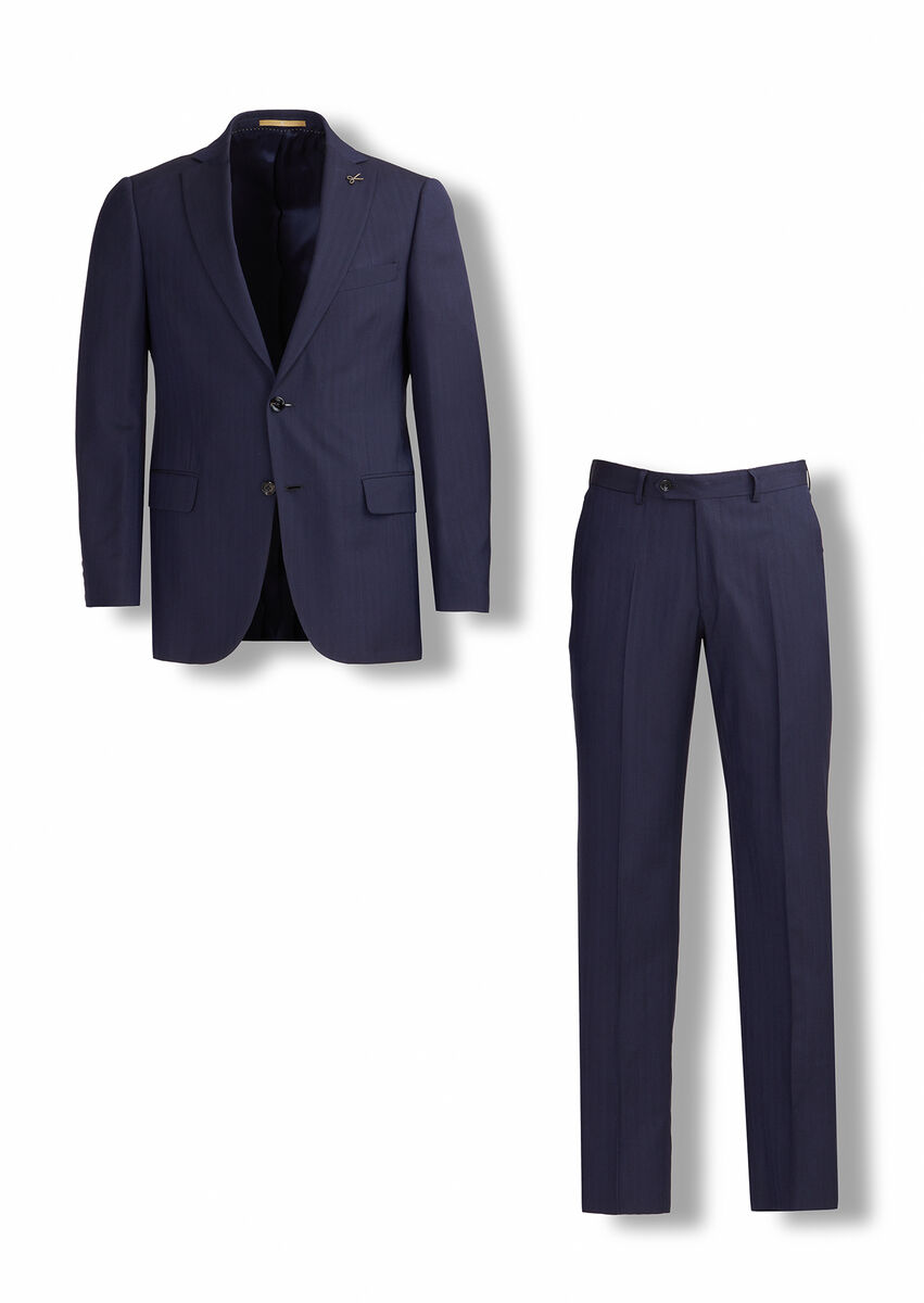 Navy Blue Patterned Regular Fit Silk Blended Suit - 1