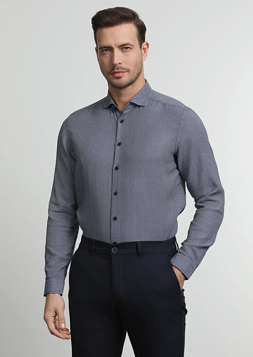 Navy Blue Patterned Regular Fit Weaving Casual Cotton Blended Shirt - 3