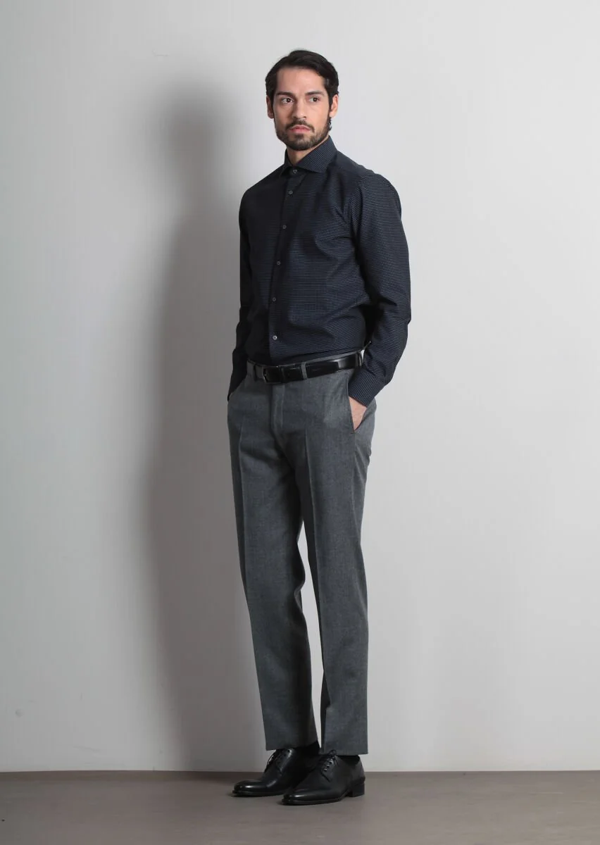 Navy Blue Patterned Regular Fit Weaving Classical 100% Cotton Shirt - 3
