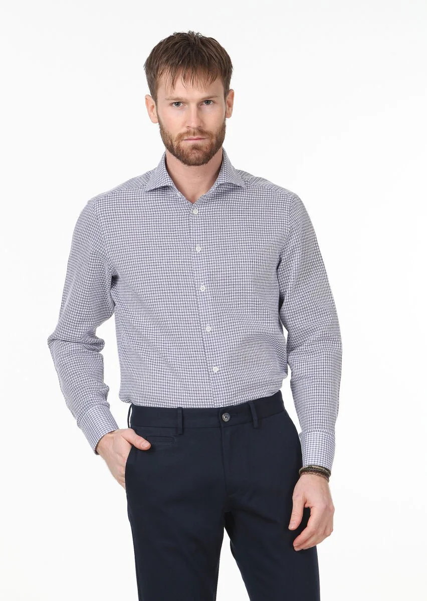 Navy Blue Patterned Regular Fit Weaving Classical 100% Cotton Shirt - 1