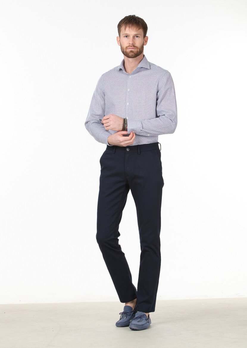 Navy Blue Patterned Regular Fit Weaving Classical 100% Cotton Shirt - 2