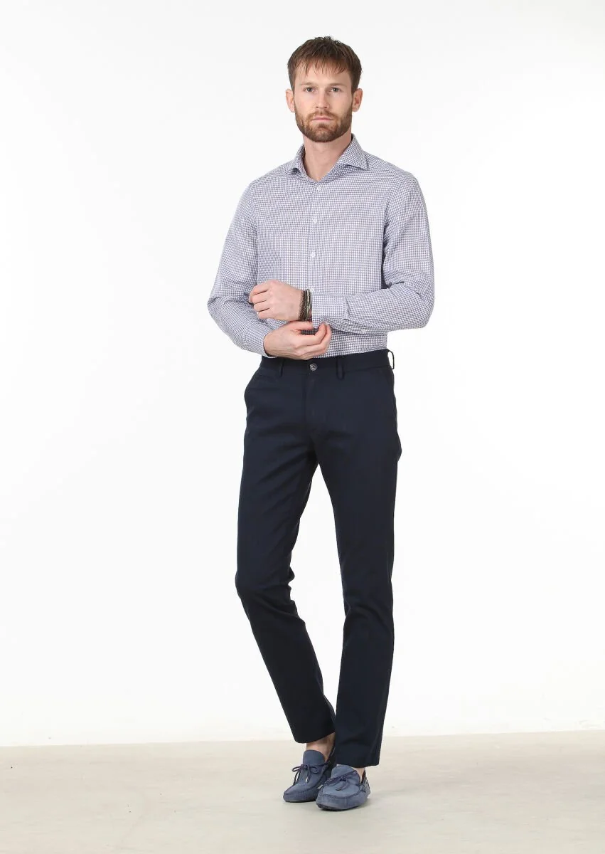 Navy Blue Patterned Regular Fit Weaving Classical 100% Cotton Shirt - 2