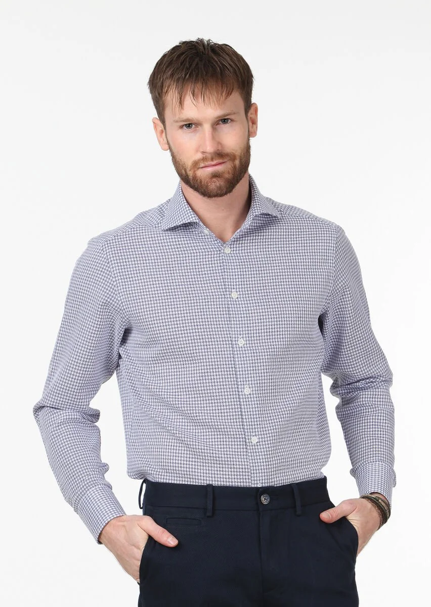 Navy Blue Patterned Regular Fit Weaving Classical 100% Cotton Shirt - 3