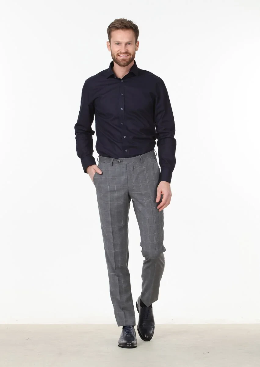 Navy Blue Patterned Regular Fit Weaving Classical 100% Cotton Shirt - 2