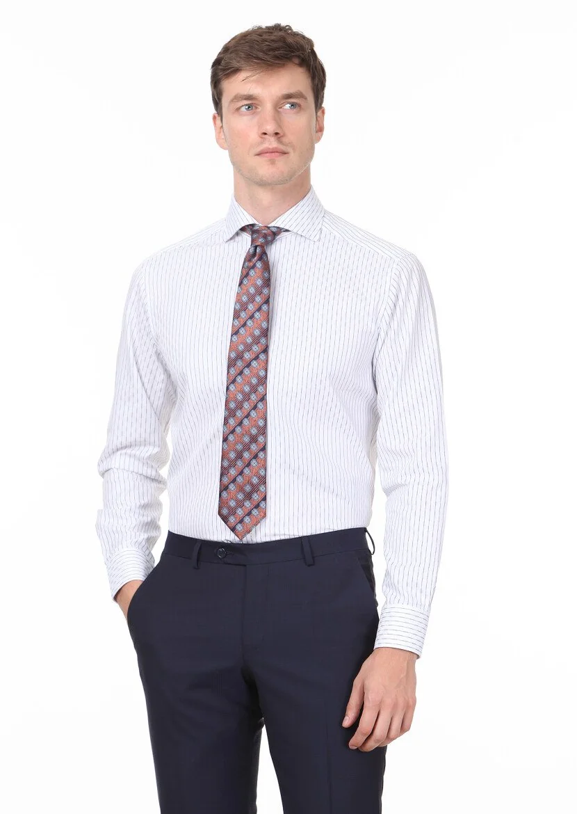 Navy Blue Patterned Regular Fit Weaving Classical 100% Cotton Shirt - 1