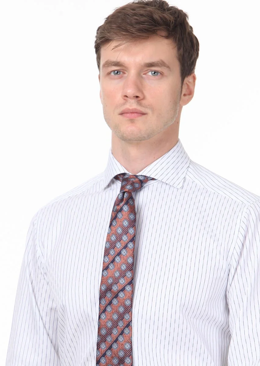 Navy Blue Patterned Regular Fit Weaving Classical 100% Cotton Shirt - 2