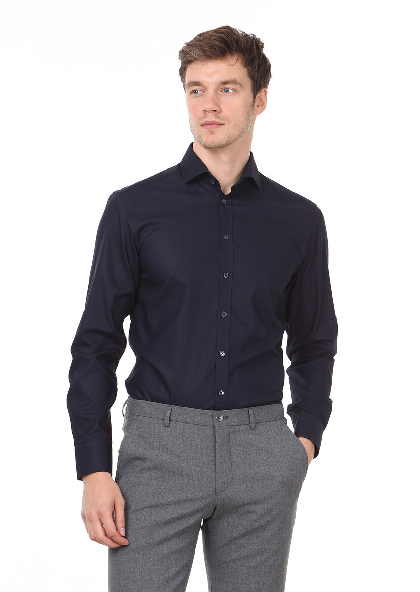 Navy Blue Patterned Regular Fit Weaving Classical 100% Cotton Shirt - 1