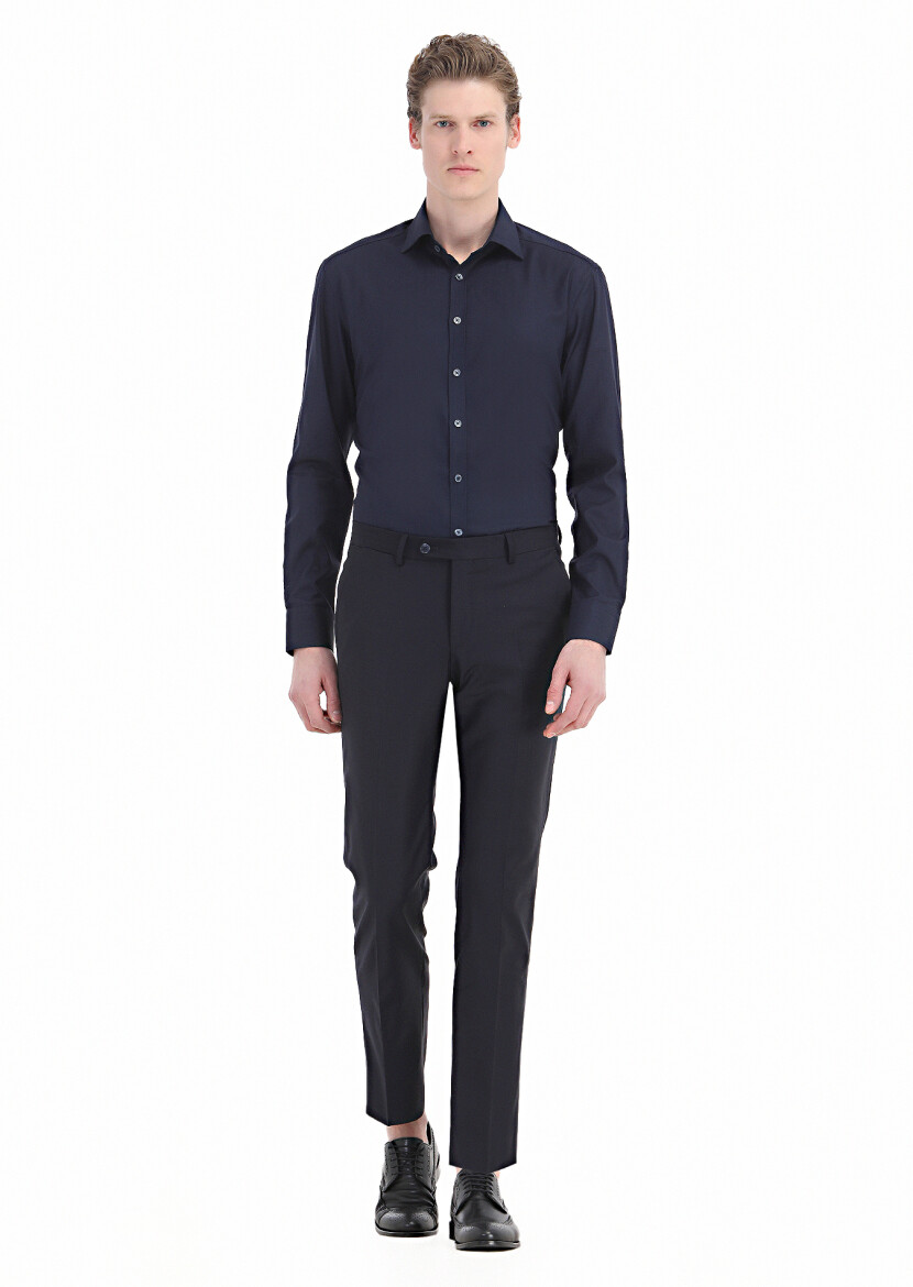 Navy Blue Patterned Regular Fit Weaving Classical 100% Cotton Shirt - RAMSEY