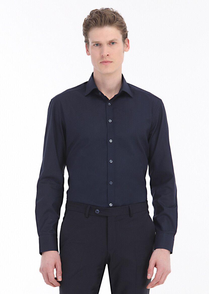Navy Blue Patterned Regular Fit Weaving Classical 100% Cotton Shirt 