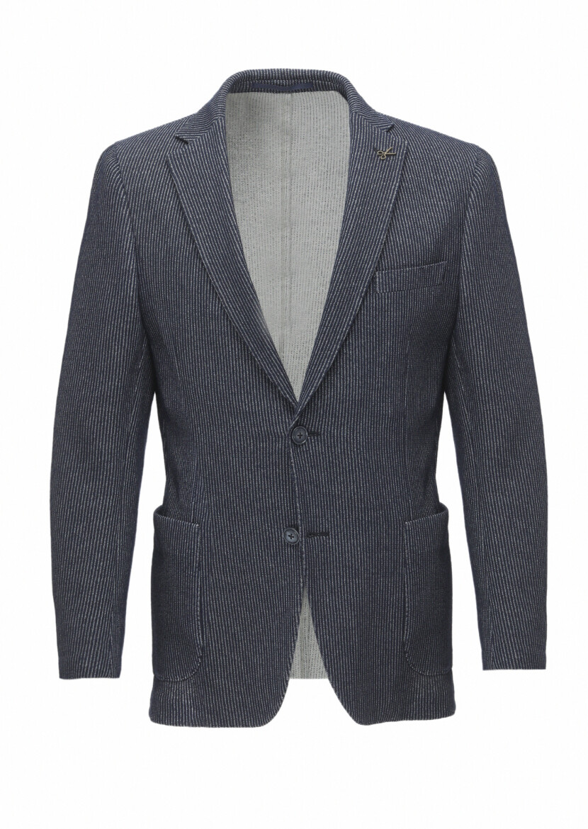 Navy Blue Patterned Shirt Shoulder Slim Fit Cotton Blended Jacket 