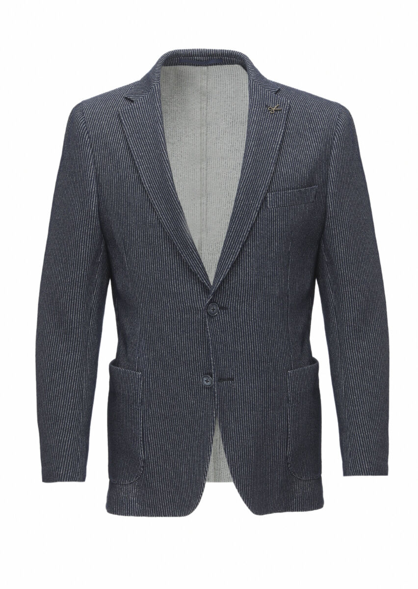 Navy Blue Patterned Shirt Shoulder Slim Fit Cotton Blended Jacket - 1