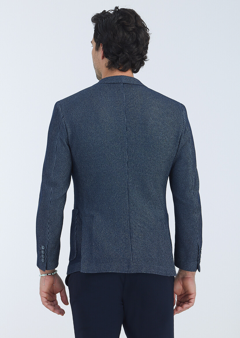 Navy Blue Patterned Shirt Shoulder Slim Fit Cotton Blended Jacket - 6