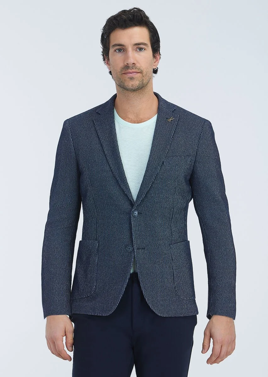 Navy Blue Patterned Shirt Shoulder Slim Fit Cotton Blended Jacket - 2