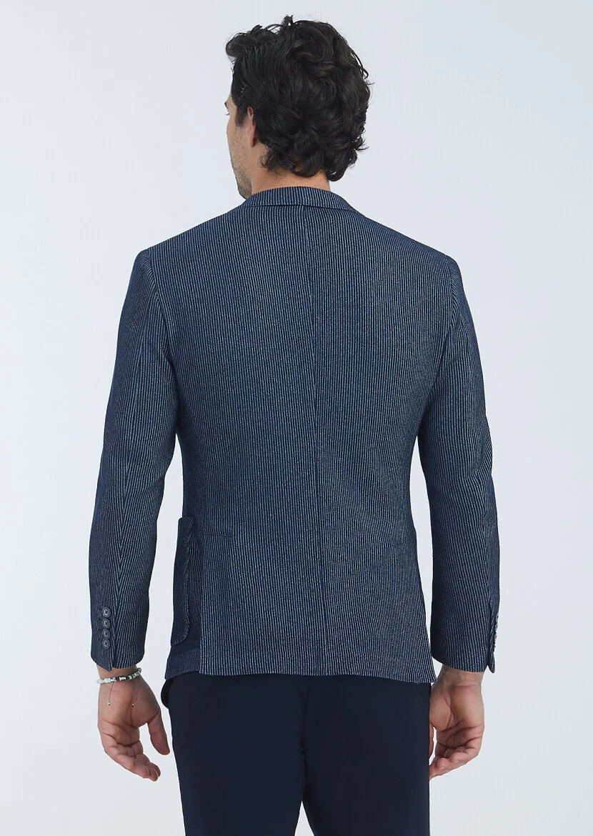 Navy Blue Patterned Shirt Shoulder Slim Fit Cotton Blended Jacket - 6