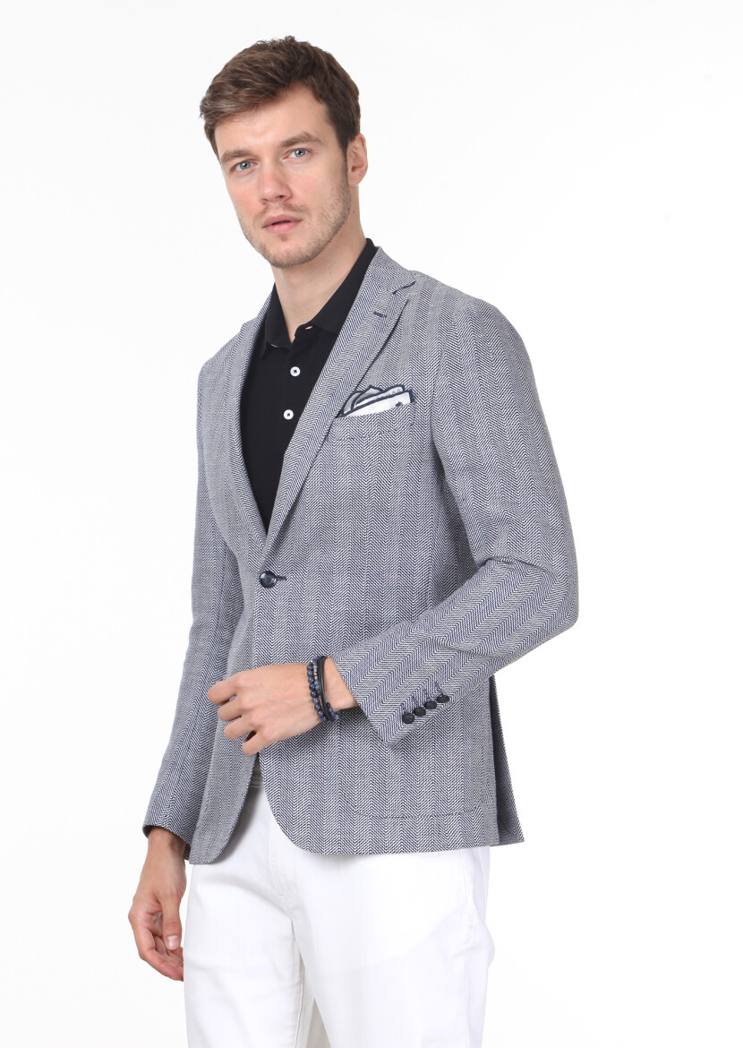 Navy Blue Patterned Shirt Shoulder Slim Fit Wool Blended Jacket - 1