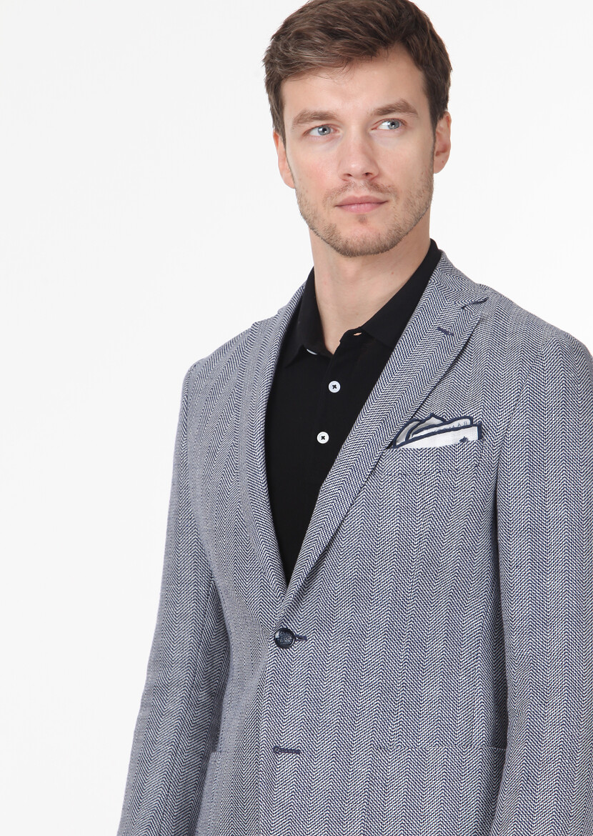 Navy Blue Patterned Shirt Shoulder Slim Fit Wool Blended Jacket - 2