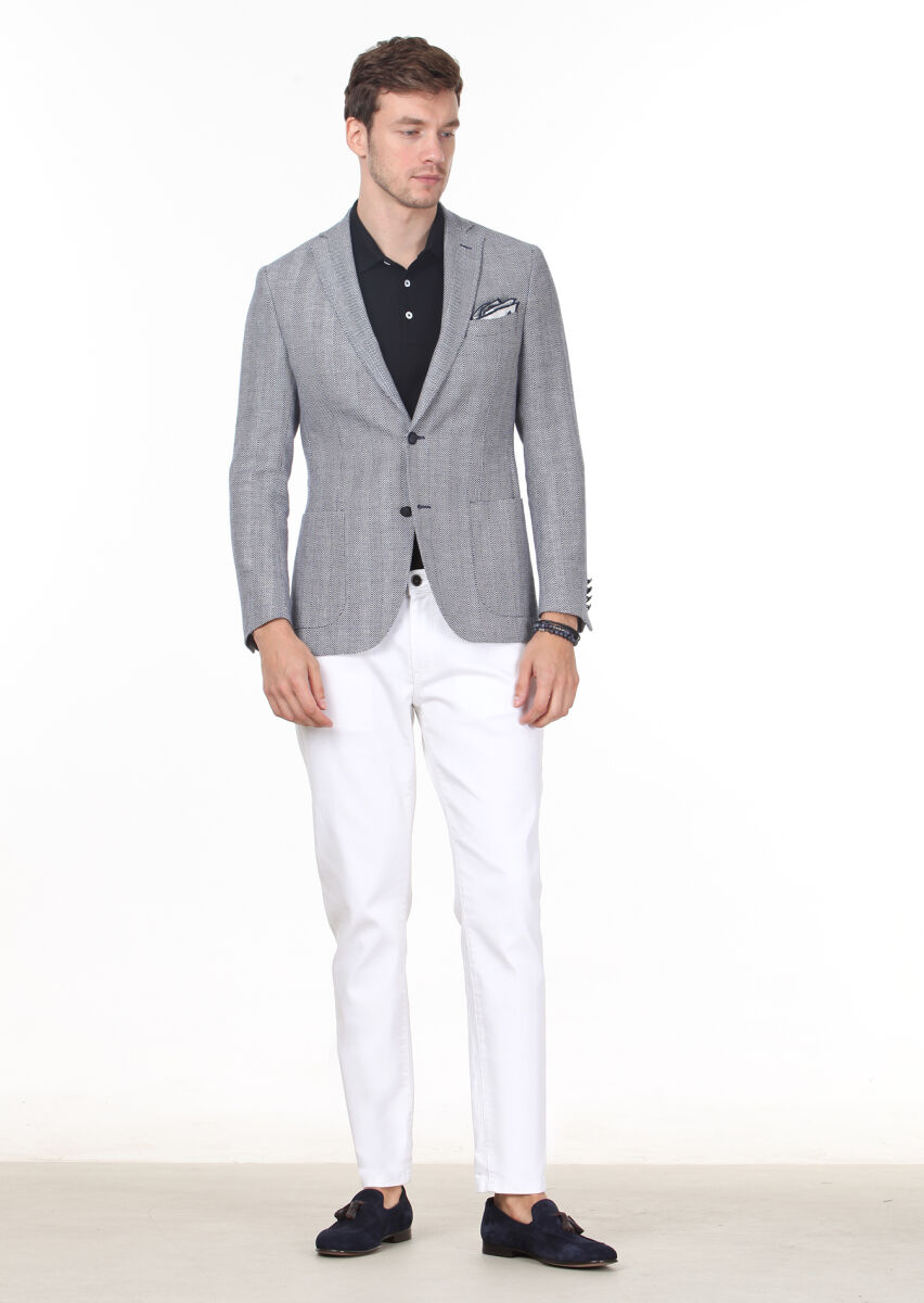 Navy Blue Patterned Shirt Shoulder Slim Fit Wool Blended Jacket - 3