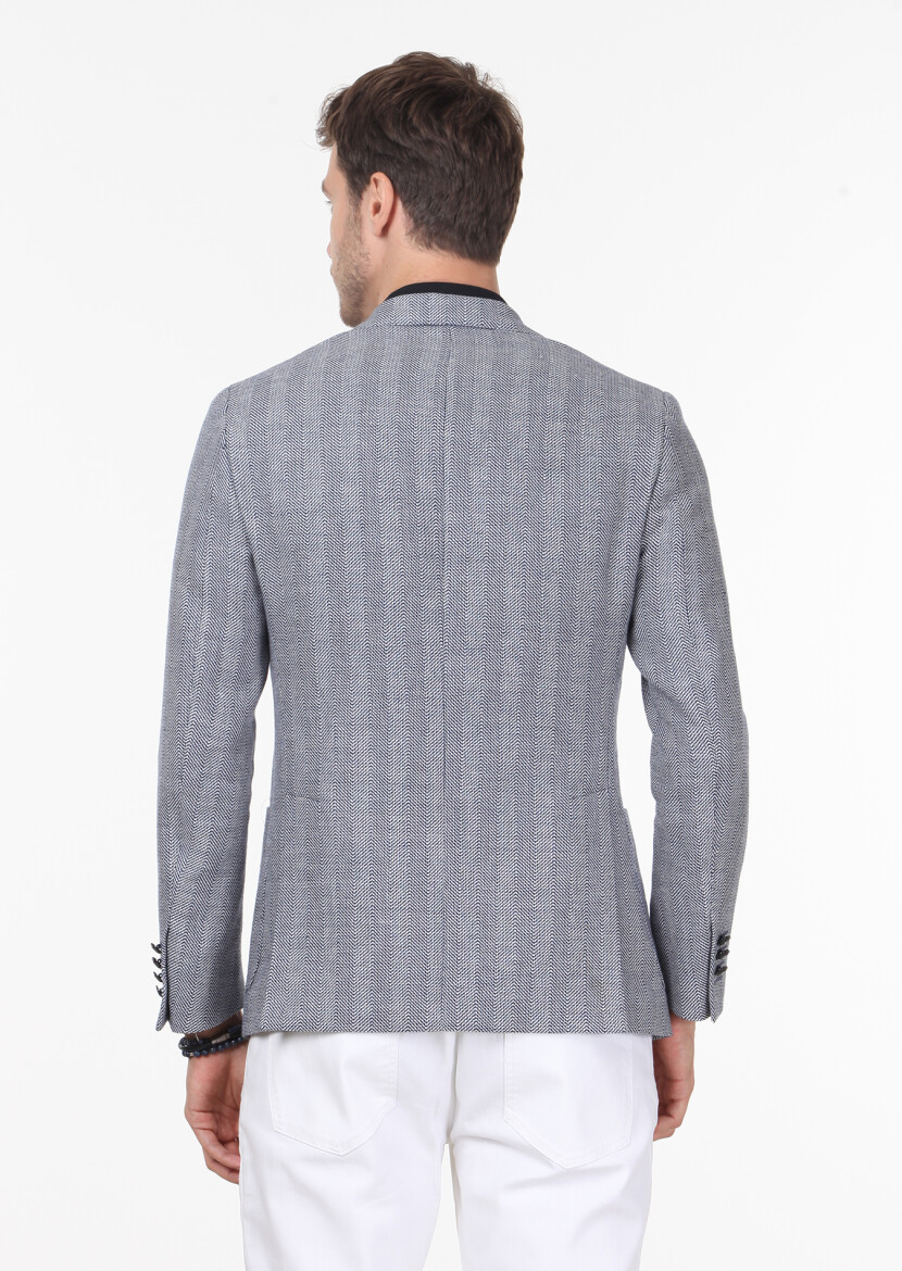 Navy Blue Patterned Shirt Shoulder Slim Fit Wool Blended Jacket - 4