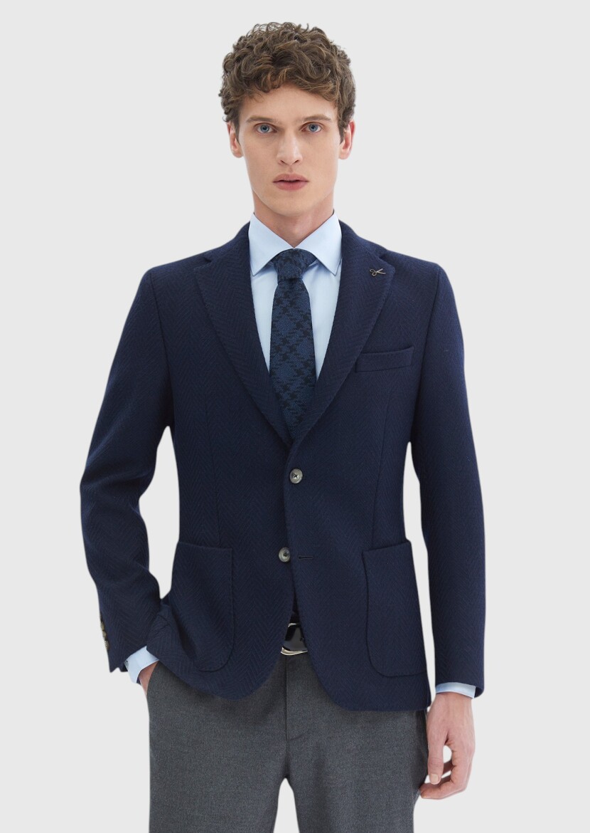 Navy Blue Patterned Shirt Shoulder Slim Fit Wool Blended Jacket - RAMSEY