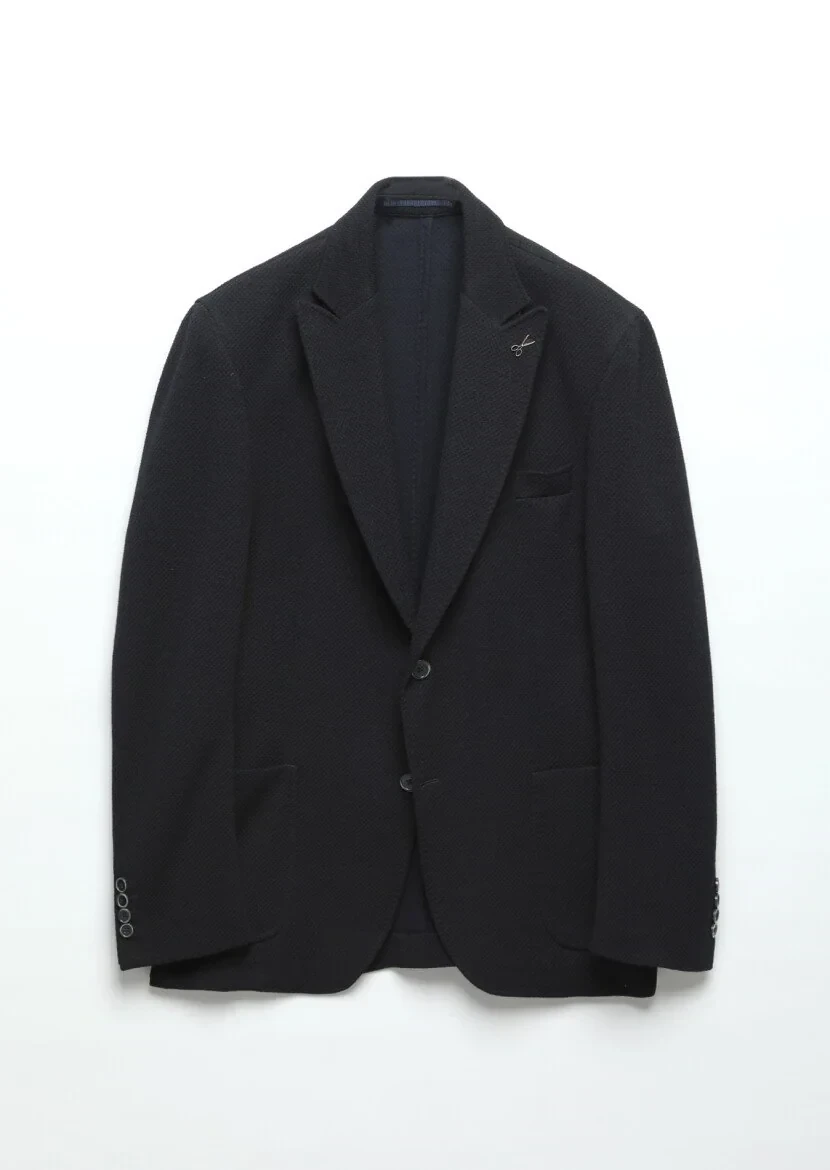 Navy Blue Patterned Shirt Shoulder Slim Fit Wool Blended Jacket - 7