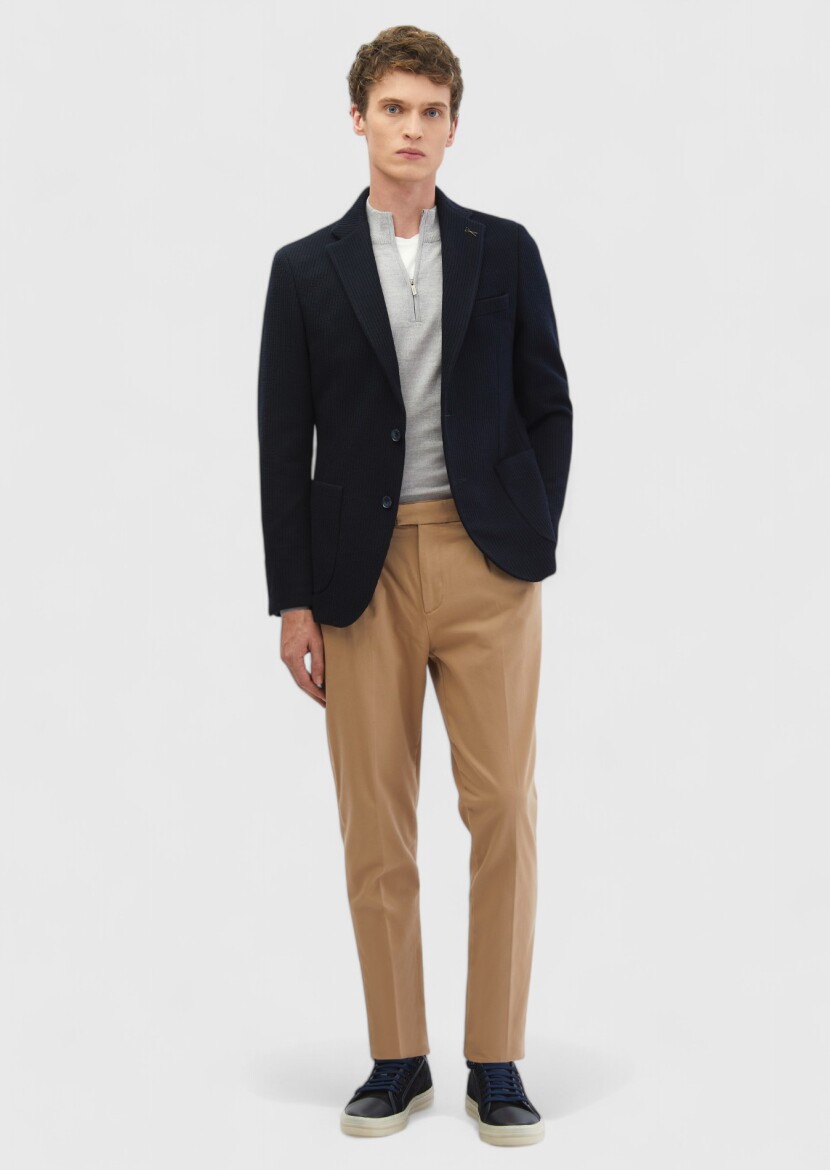 Navy Blue Patterned Shirt Shoulder Slim Fit Wool Blended Jacket - RAMSEY