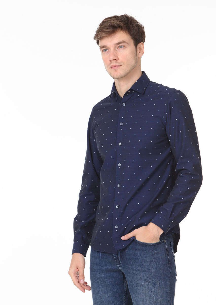 Navy Blue Patterned Slim Fit Long Weaving Casual 100% Cotton Shirt - 1