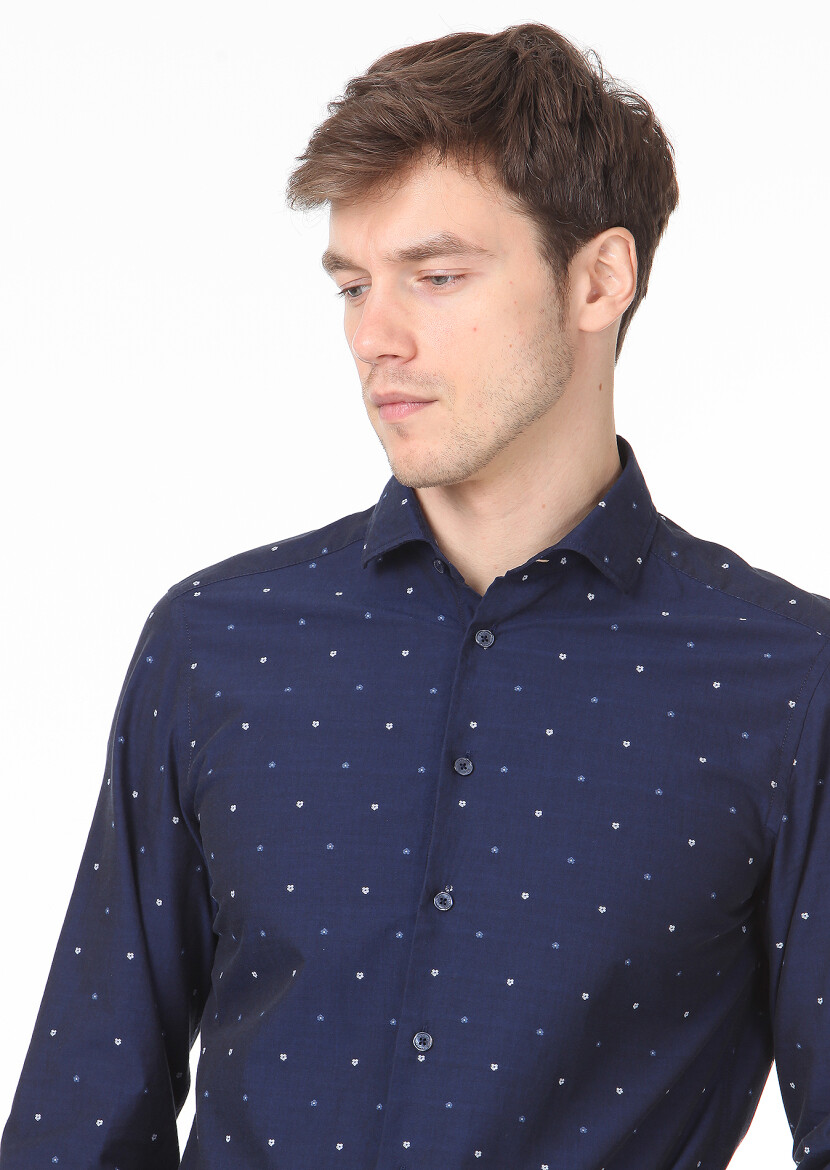 Navy Blue Patterned Slim Fit Long Weaving Casual 100% Cotton Shirt - 2