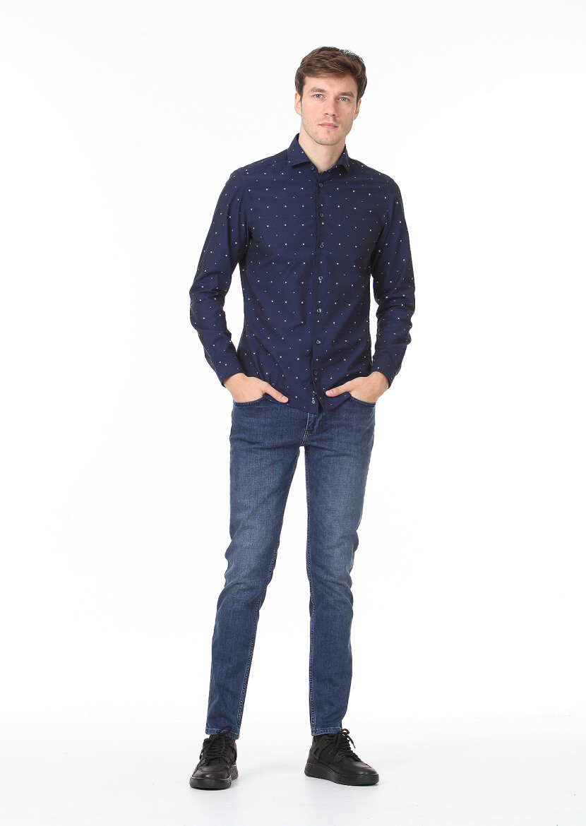 Navy Blue Patterned Slim Fit Long Weaving Casual 100% Cotton Shirt - 3