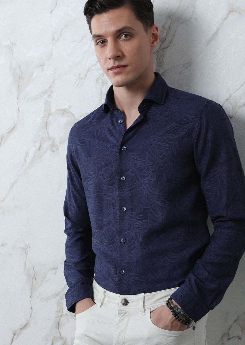 Navy Blue Patterned Slim Fit Long Weaving Casual Cotton Blended Shirt - 3